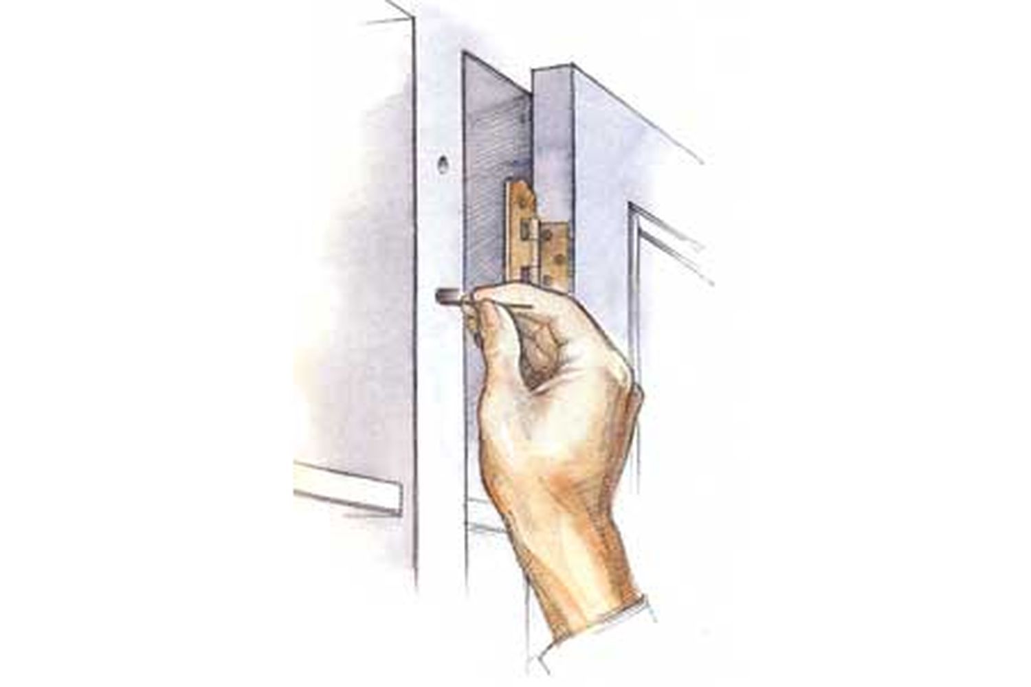 An illustration of a person repairing a hinge hole.