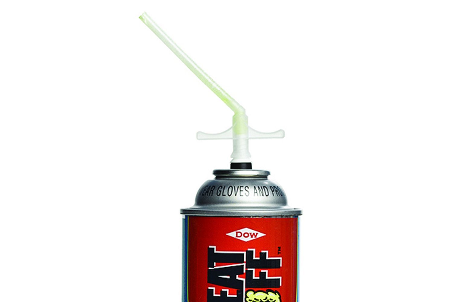 The top of a red can of foam spray.