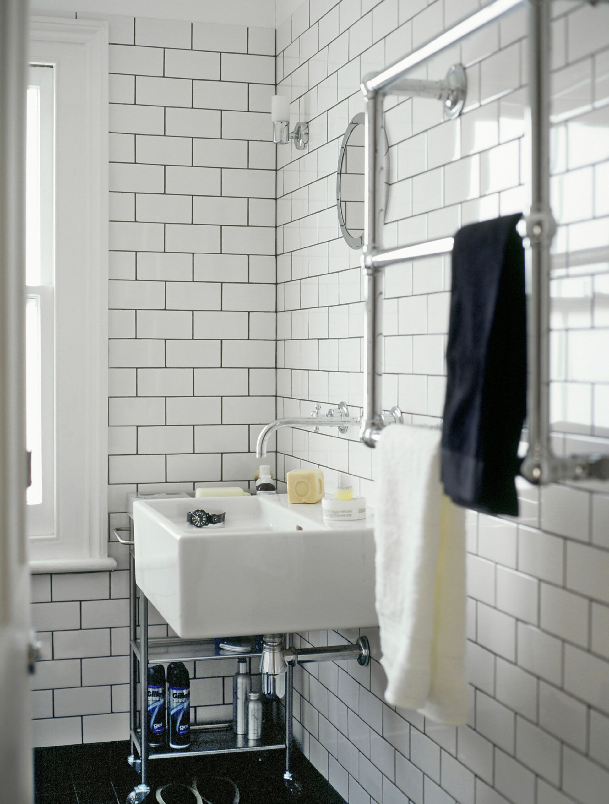 white subway tile grey grout bathroom