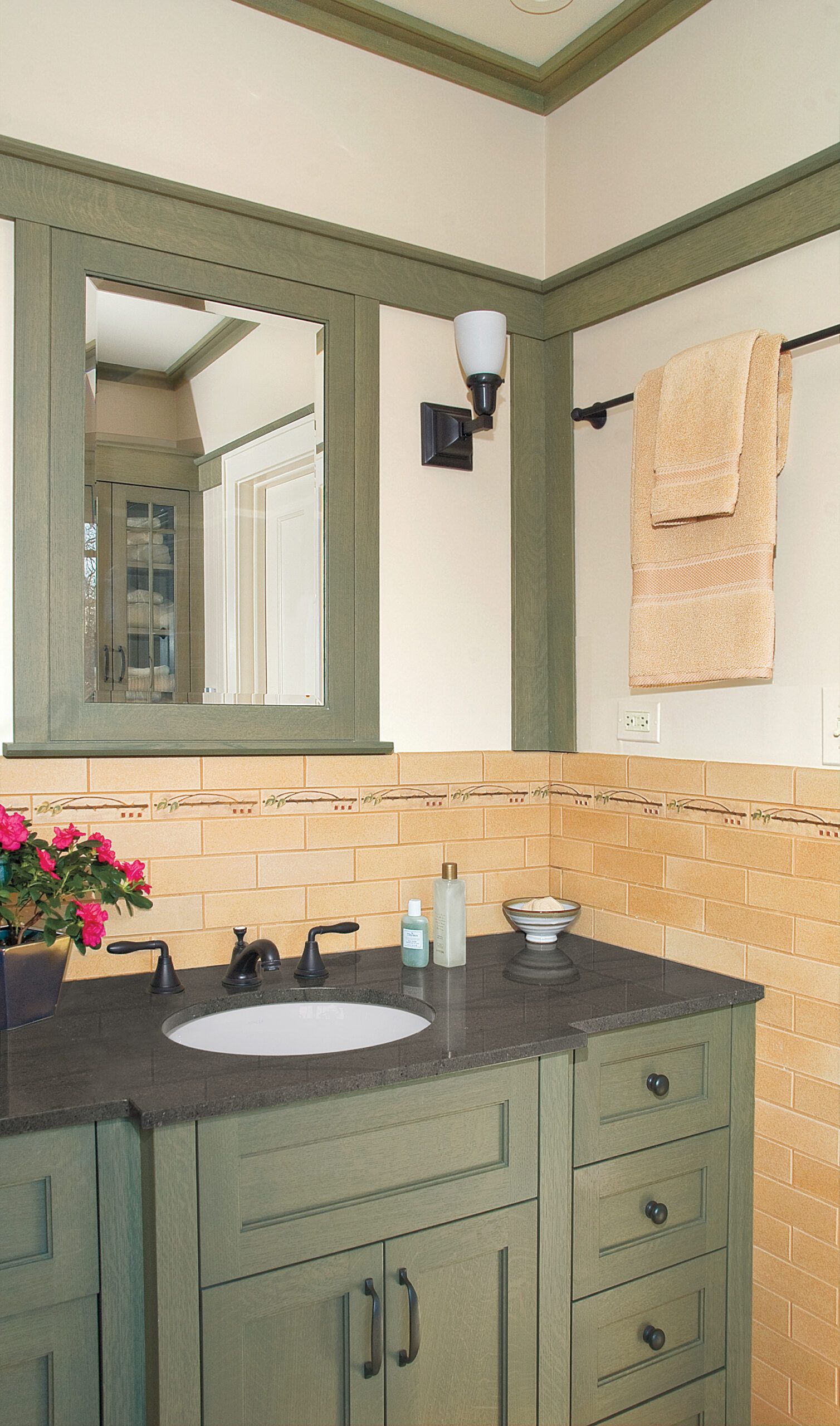 A bathroom redone with new countertops.