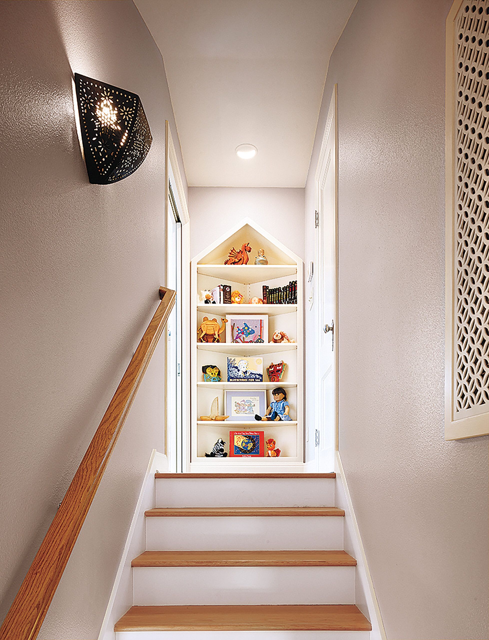 bookshelf and a attic with boxes