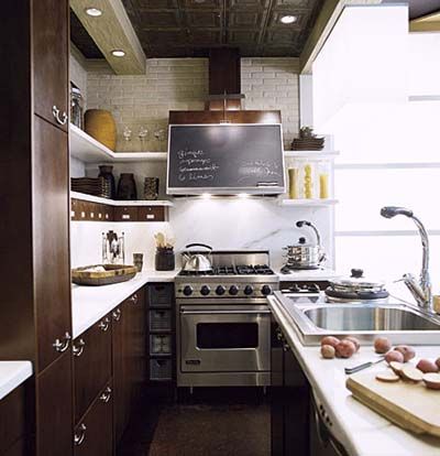 Shelving within a gallery kitchen.