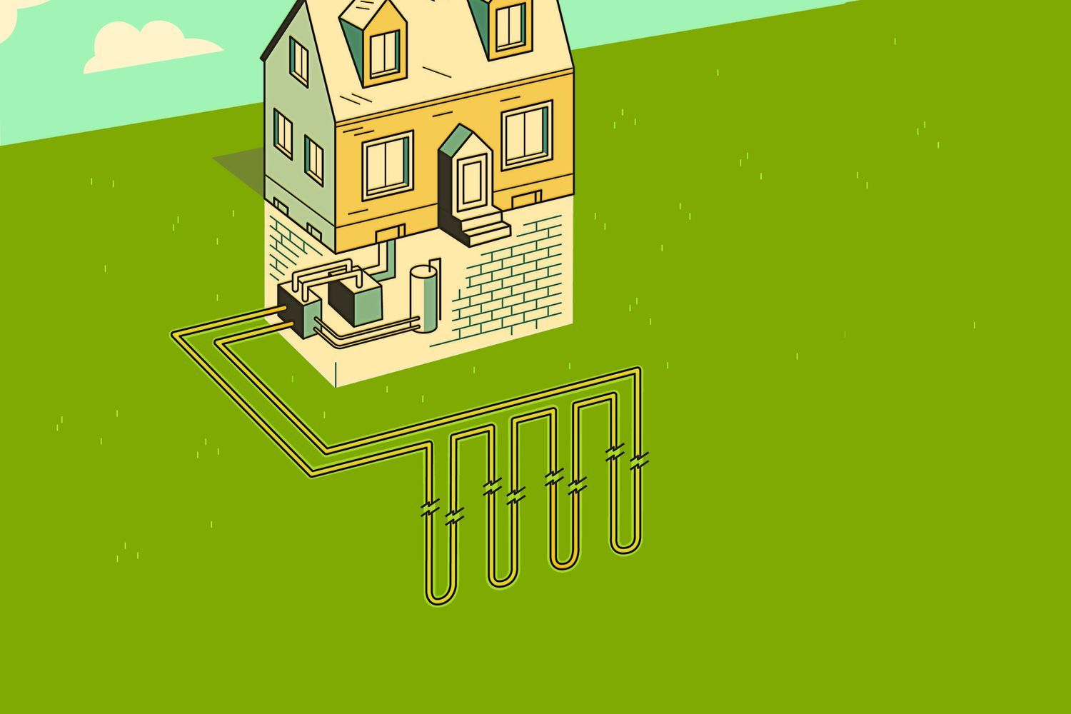 Illustration of a house with a geothermal heat pump system.