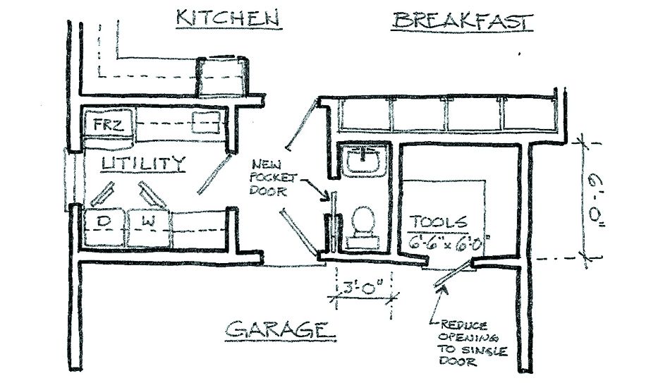 Drawing of how utility space could be reworked into a half bath or powder room.