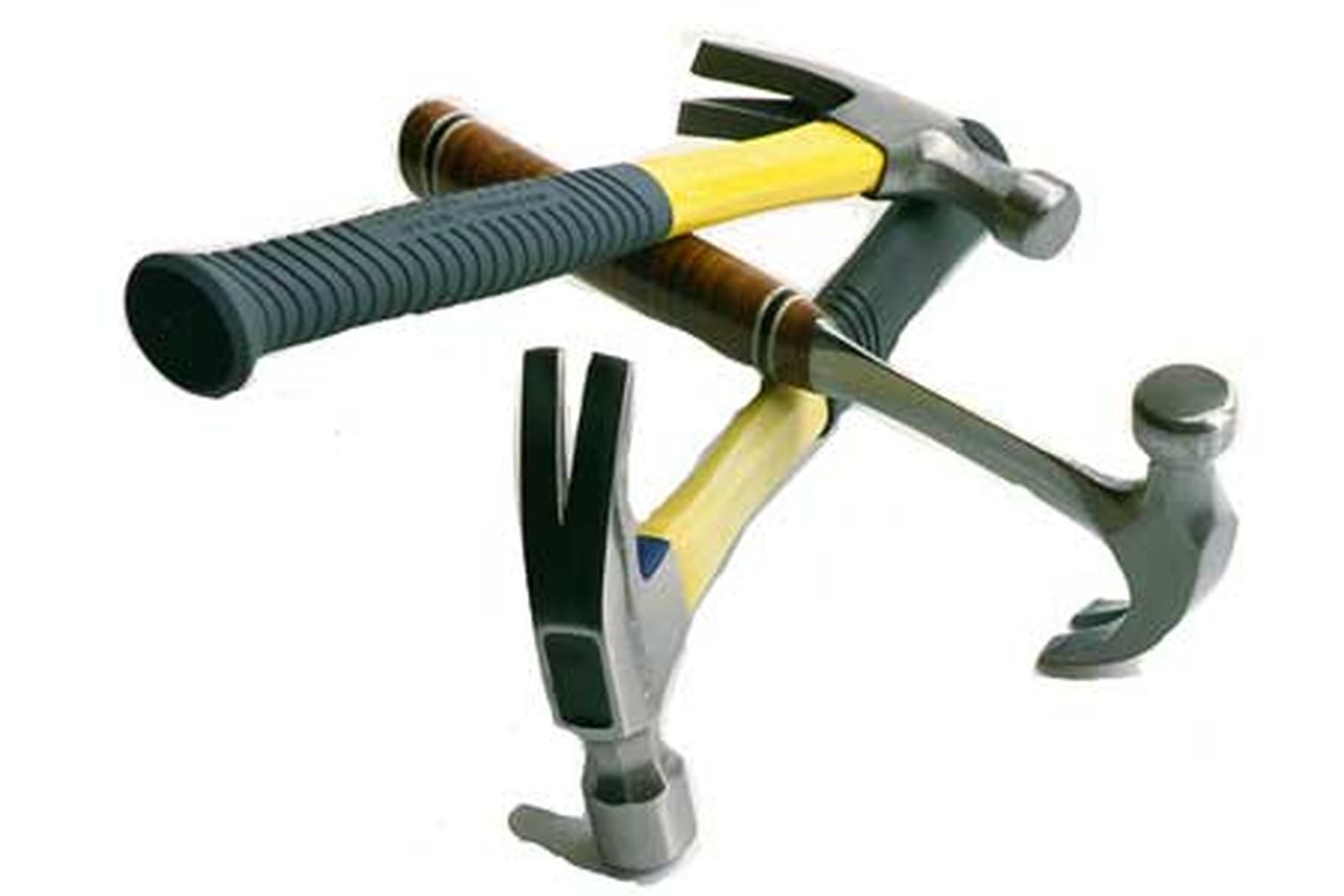 Three hammers with different handles.