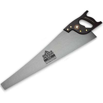 Classic handsaw with a wooden handle, representing traditional woodworking tools.