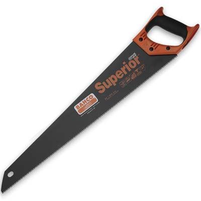 A handsaw with a black blade and orange plastic handle.