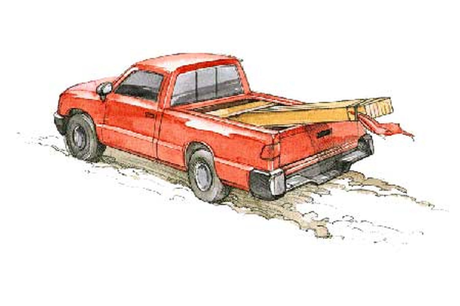 A truck transporting long lumber in it's bed.