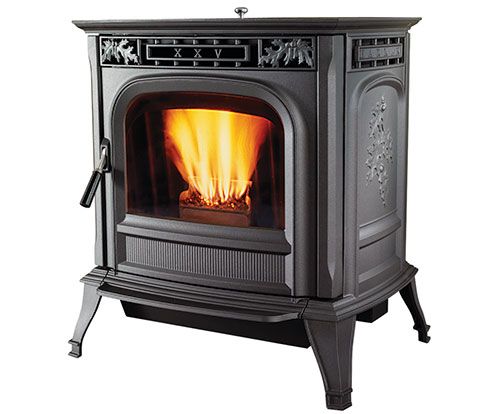 A black pellet stove, with design elements on the sides and around the top, burning and creating clean heat.