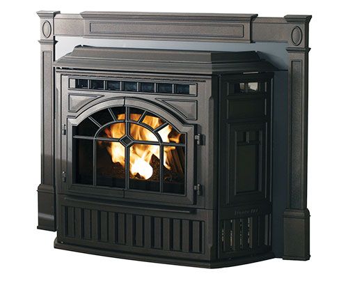 A black pellet stove made to look like a fire place.