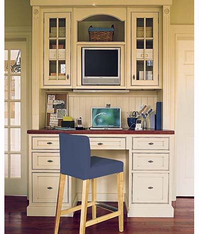 A desk with built in cabinetry in a central location with access to several outlets. 