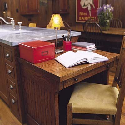 A desk at the end of the kitchen counter.