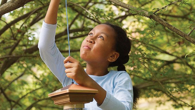 A girl hanging a bird feeder from a tree branch.