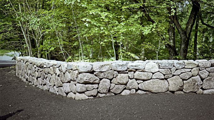 A stone wall in front of several trees.