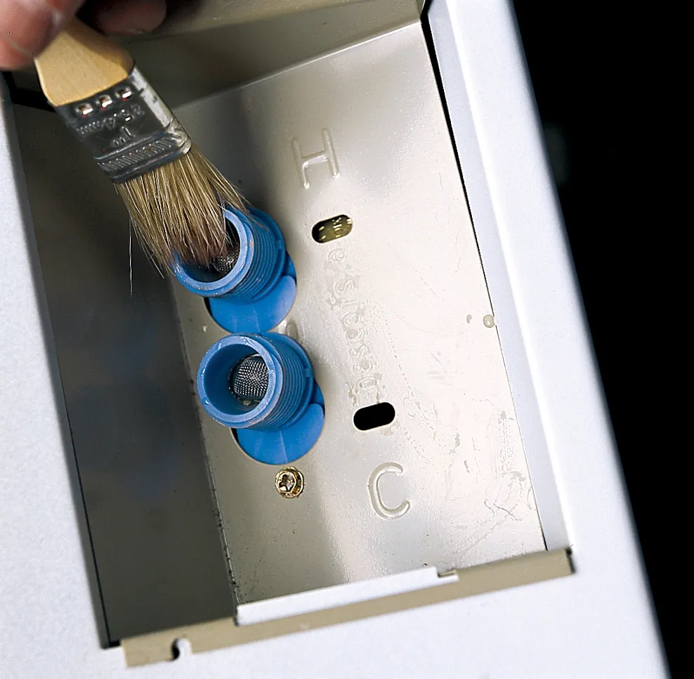 A person using a soft brush to clean the washer drum.