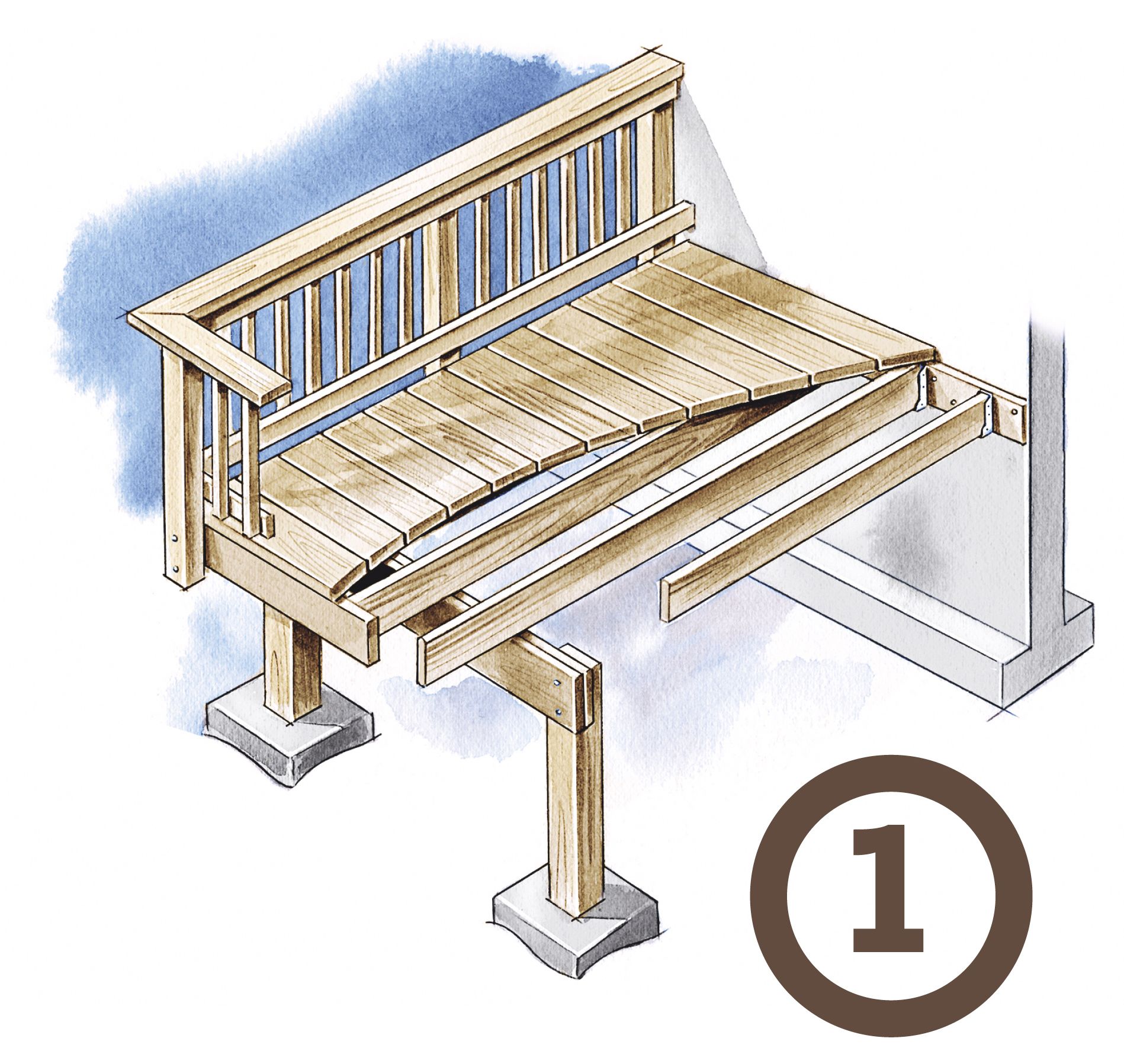 A diagram showing the beginnings of the construction of a wooden deck.