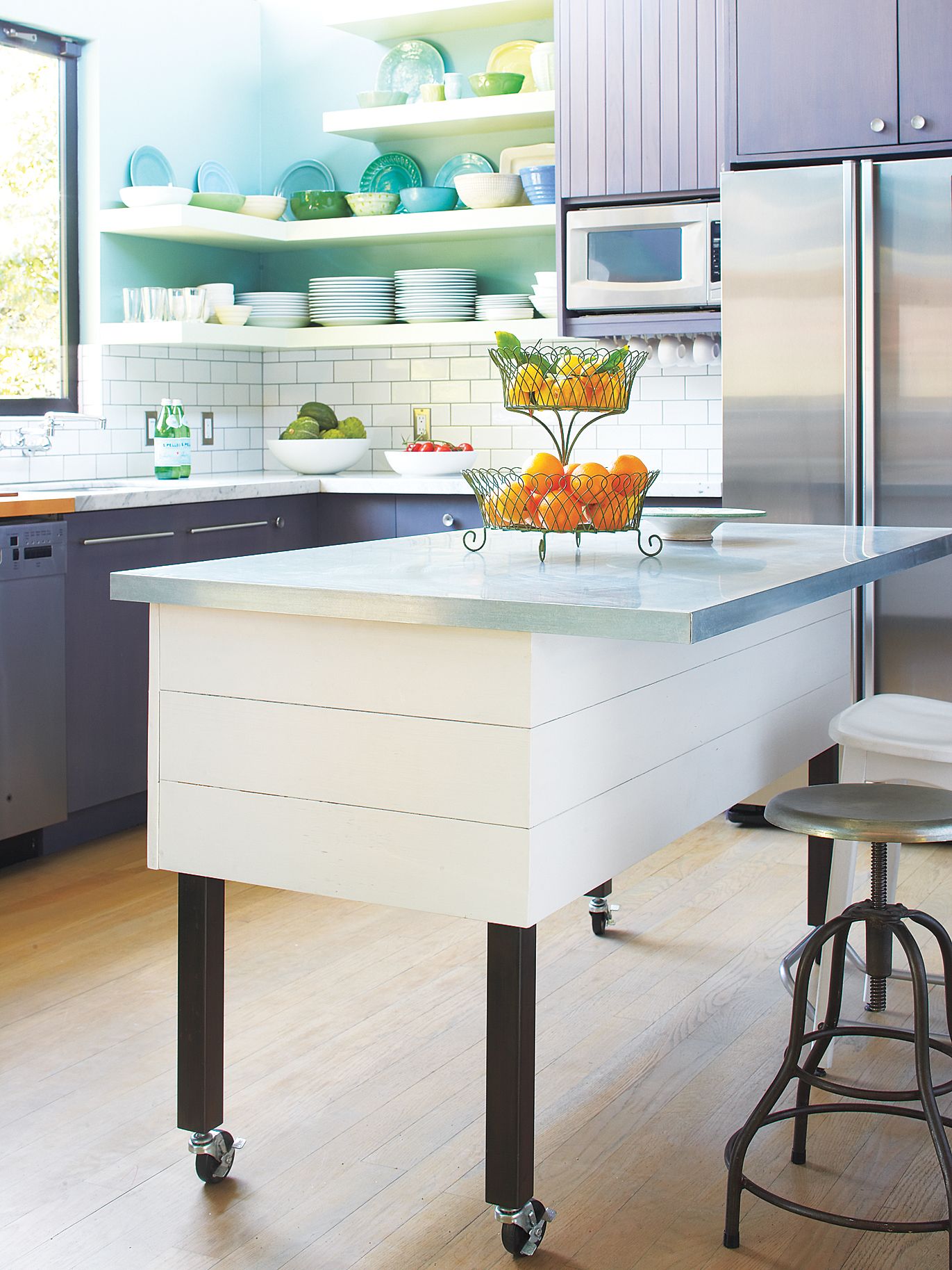 A stainless steel kitchen island.