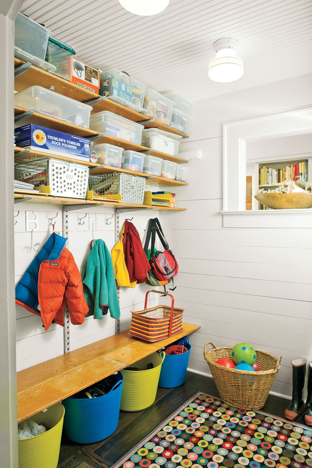 Family Coat Rack - kid height hooks with adult hooks above - beadboard  paneling and a few trim pieces