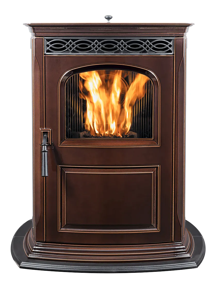 A traditional-style pellet stove with a brown metallic finish.