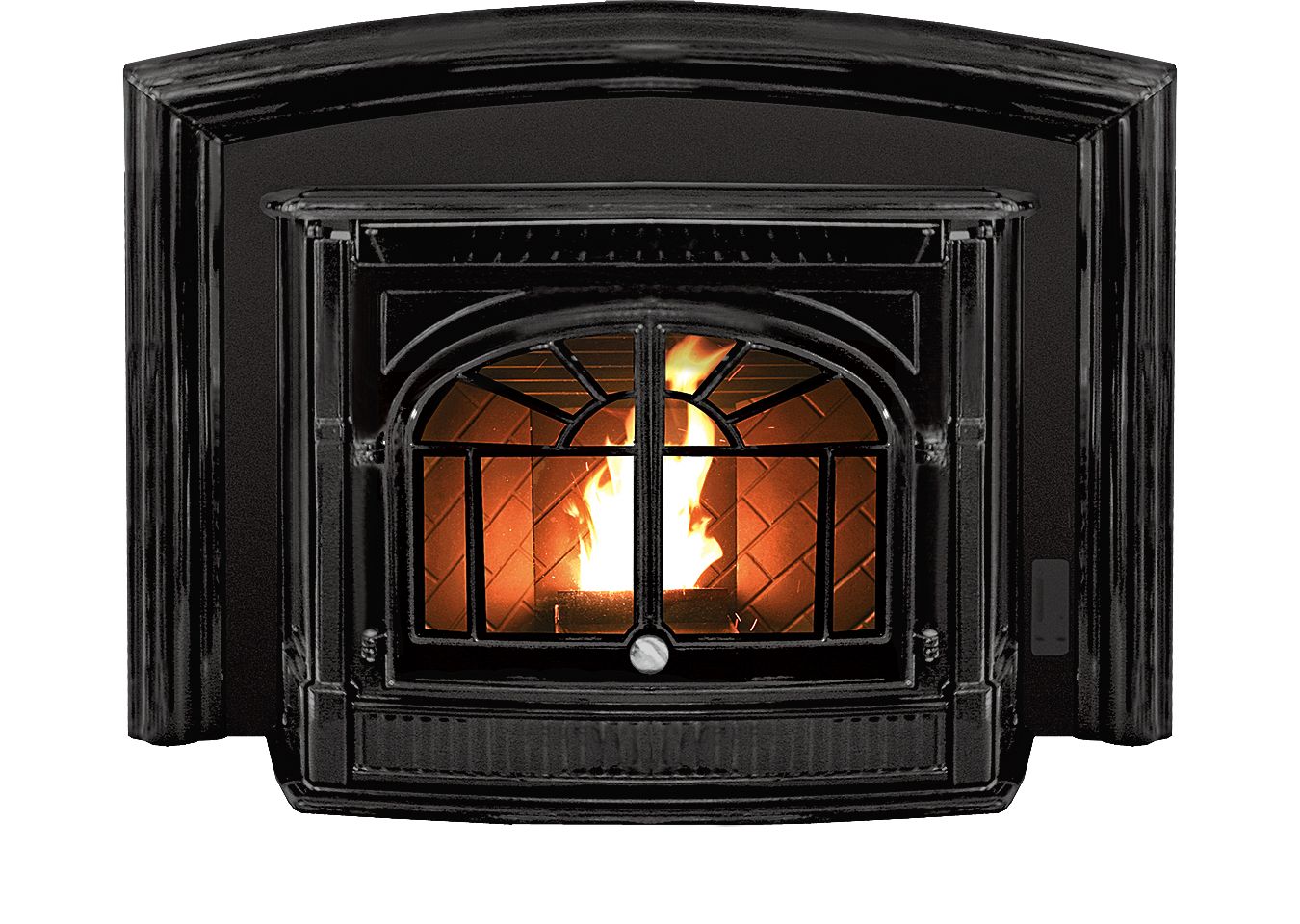 A black glossy pellet stove.