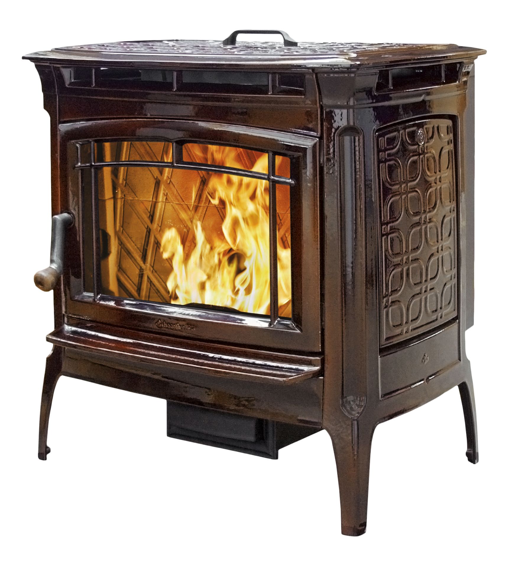 A pellet stove with a glossy brown enamel finish and ornate, patterned side panels.