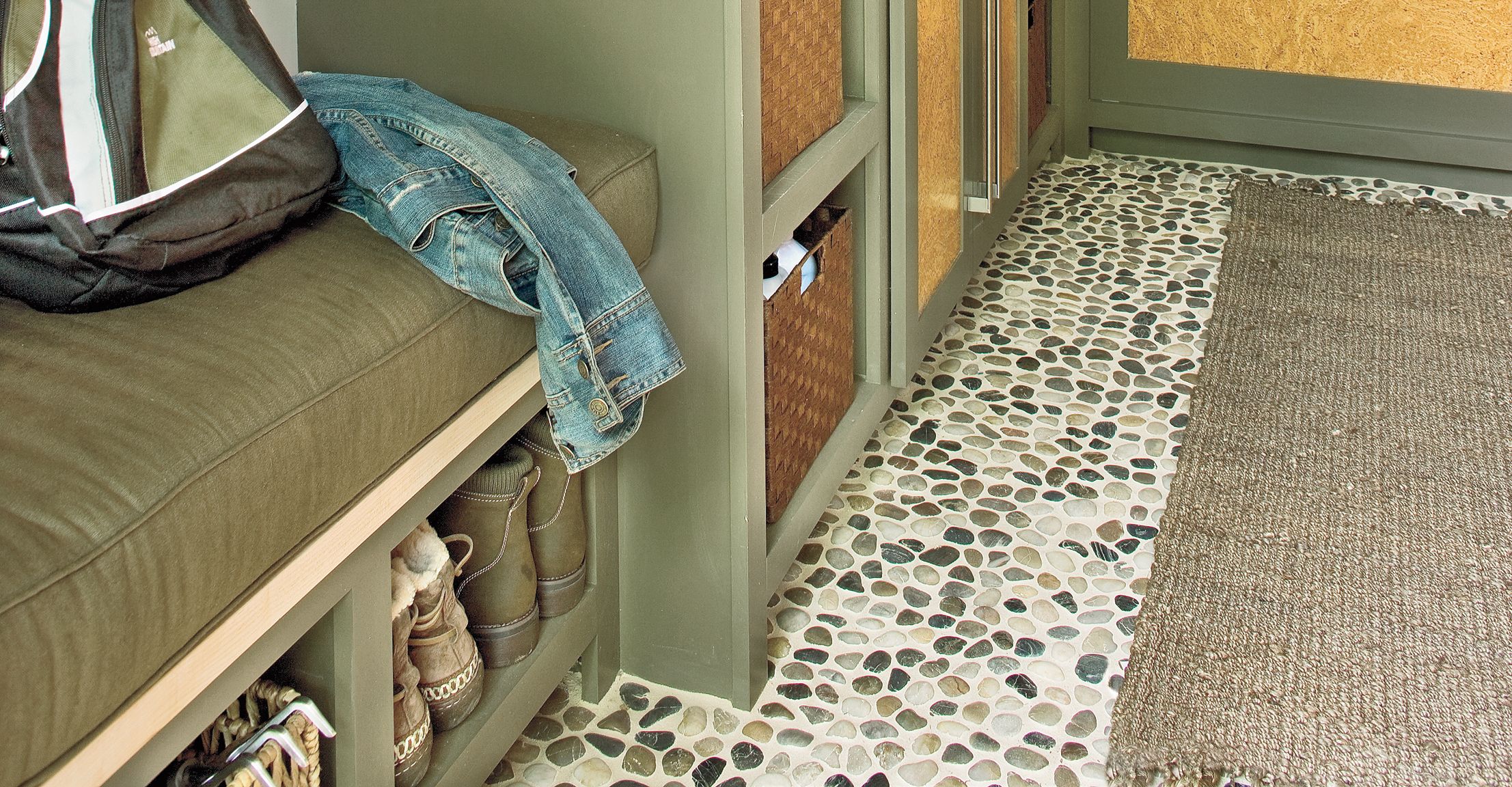 A River Rock floor in a mudroom