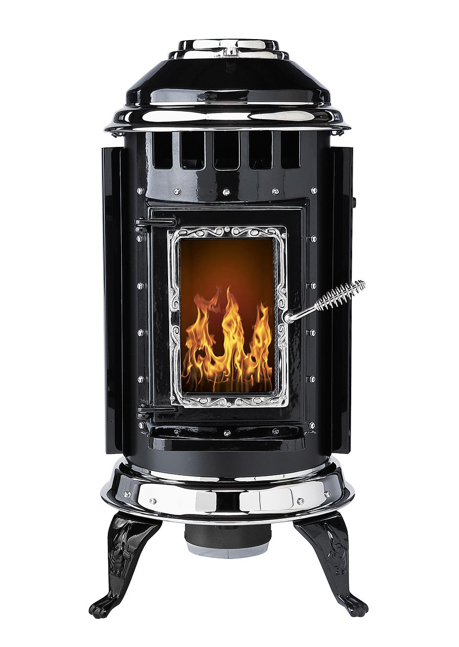 A black freestanding pellet stove with silver details.