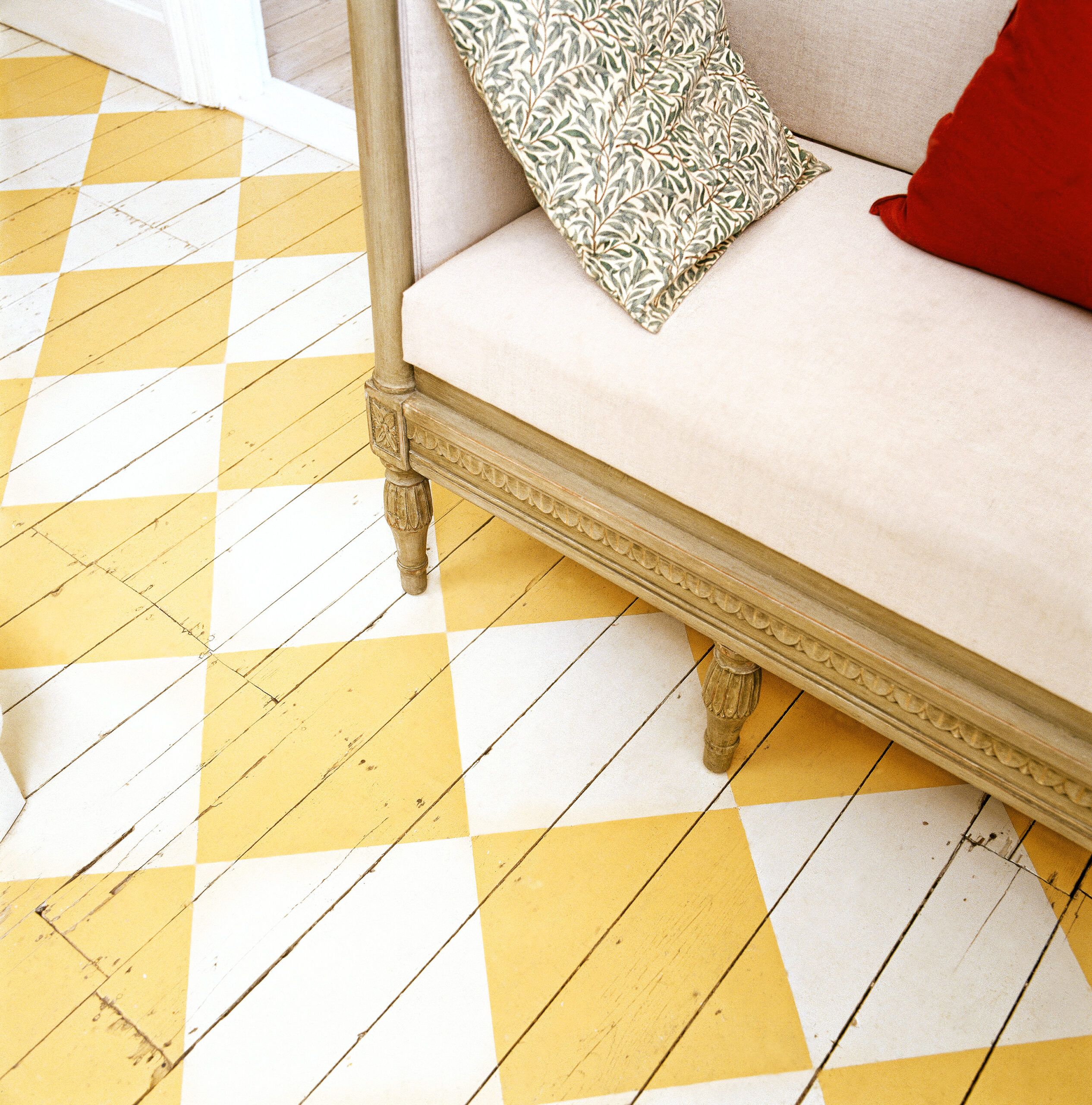 painted wood floors in a checkered pattern of a cottage-style interior of a home