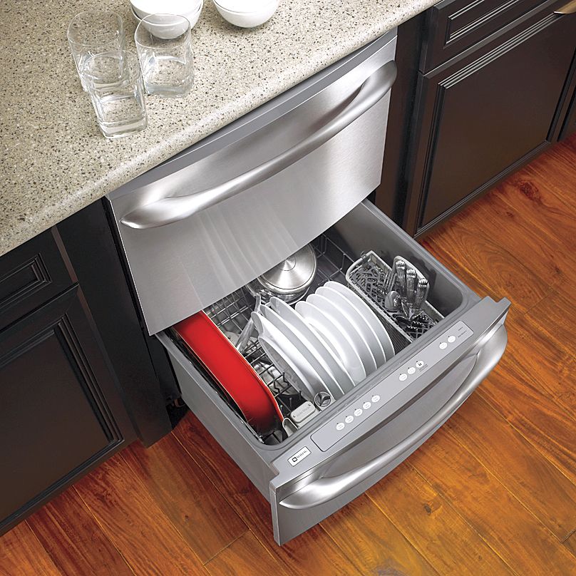 A kitchen island with a built in dishwasher.