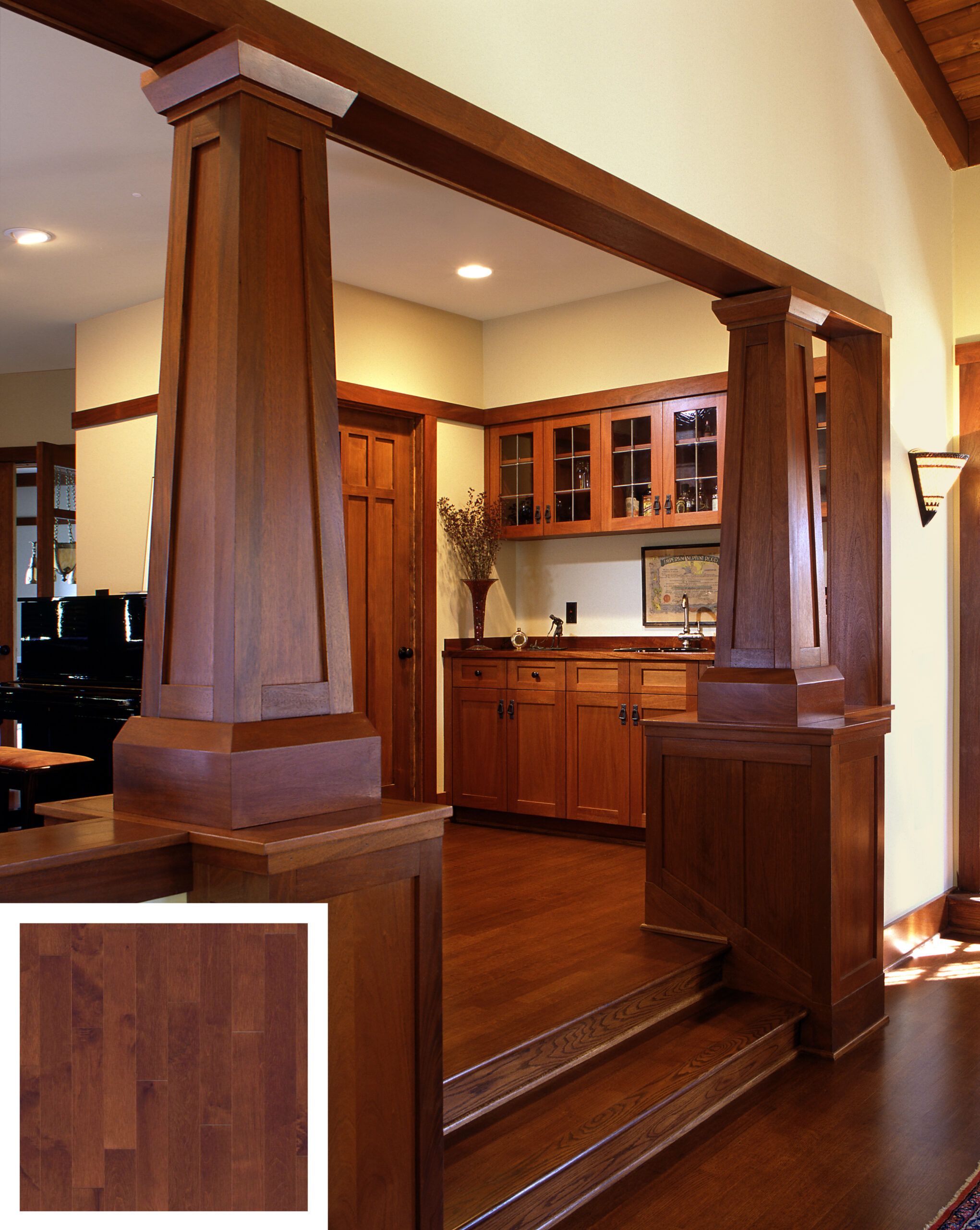 Warm craftsman style prefinished wood floors.