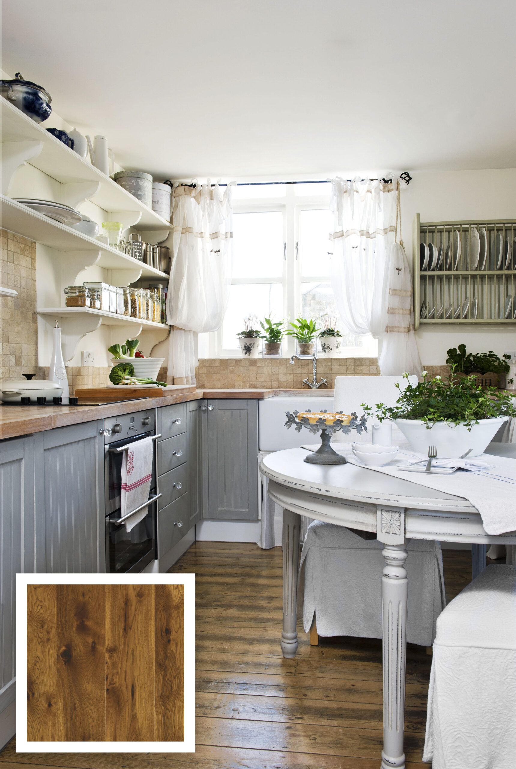 Rustic cottage style prefinished wood floors.