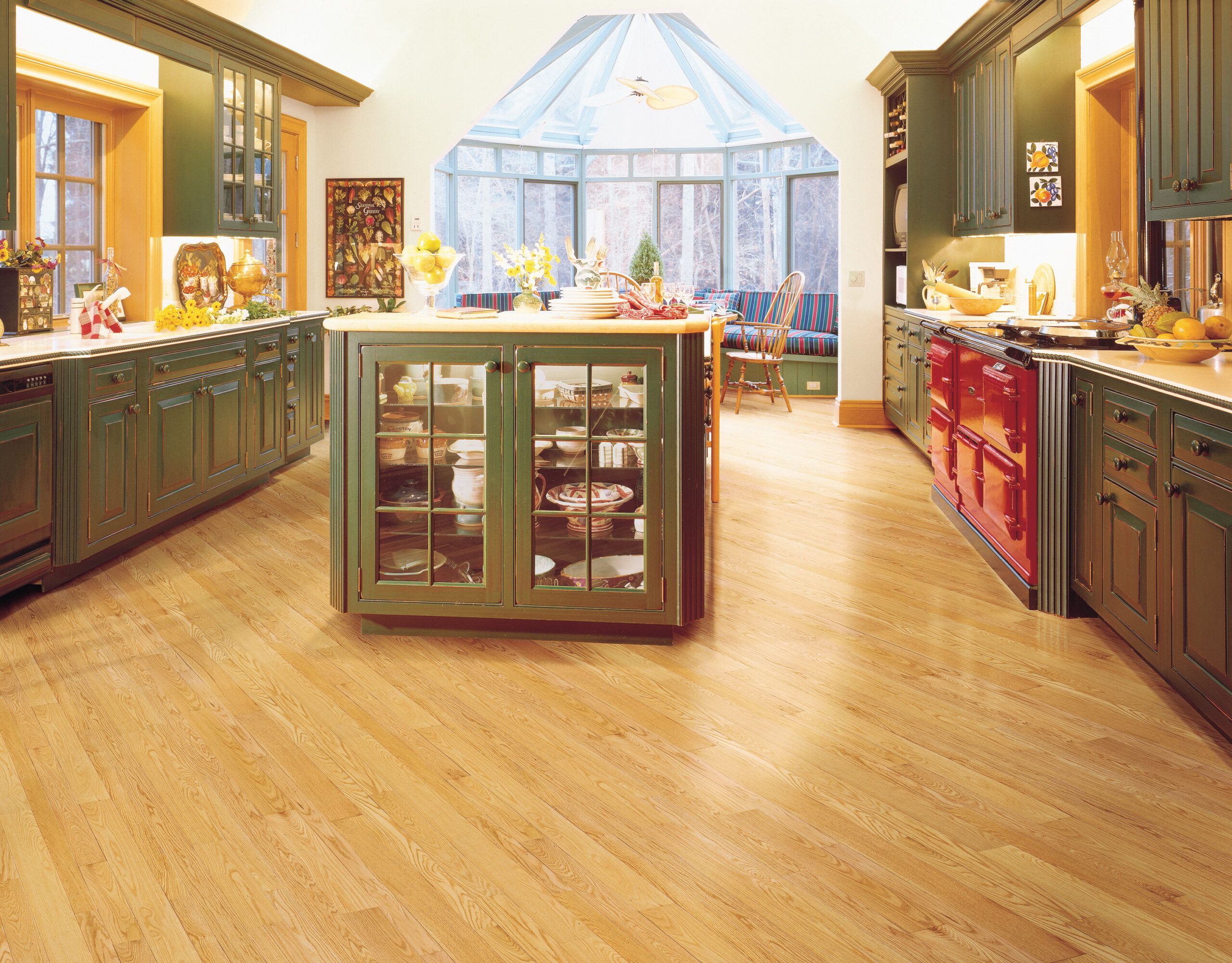 Prefinished wood floors with planks installed on a diagonal angle.