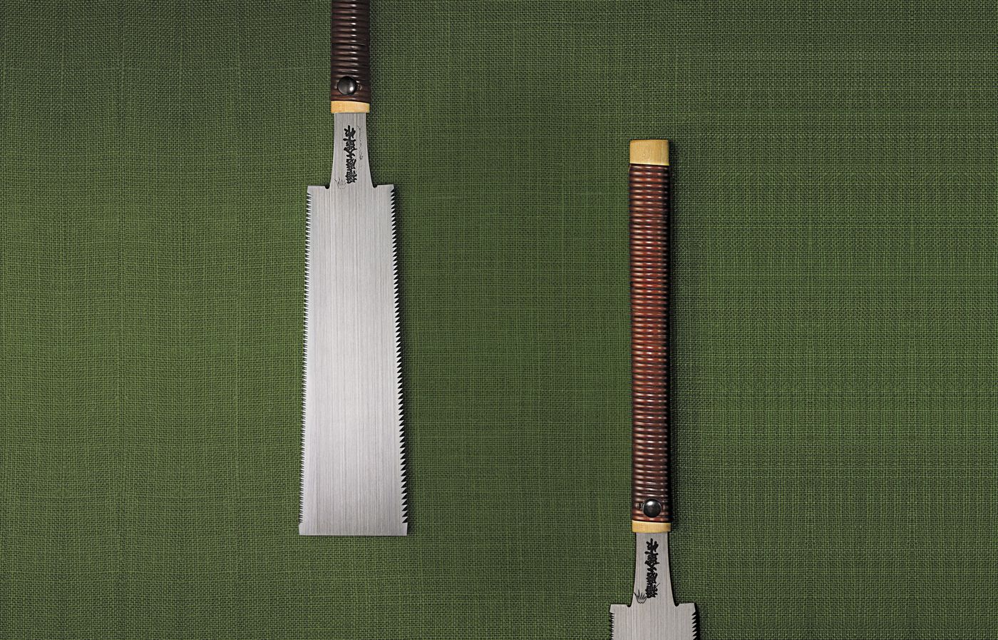 Cover image for This Old House's Guide to Japanese Hand Saws, detailing a Japanese handsaw blade and wooden Japanese hand saw handle against a green background.