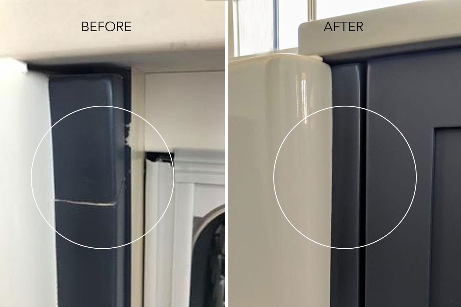 Before and after photo of a cabinet frame that was cracked and repaired at home.