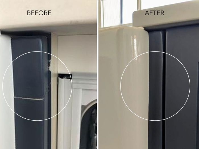 Before and after photo of a cabinet frame that was cracked and repaired at home.