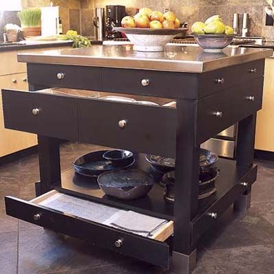 A kitchen island with drawers for storage.