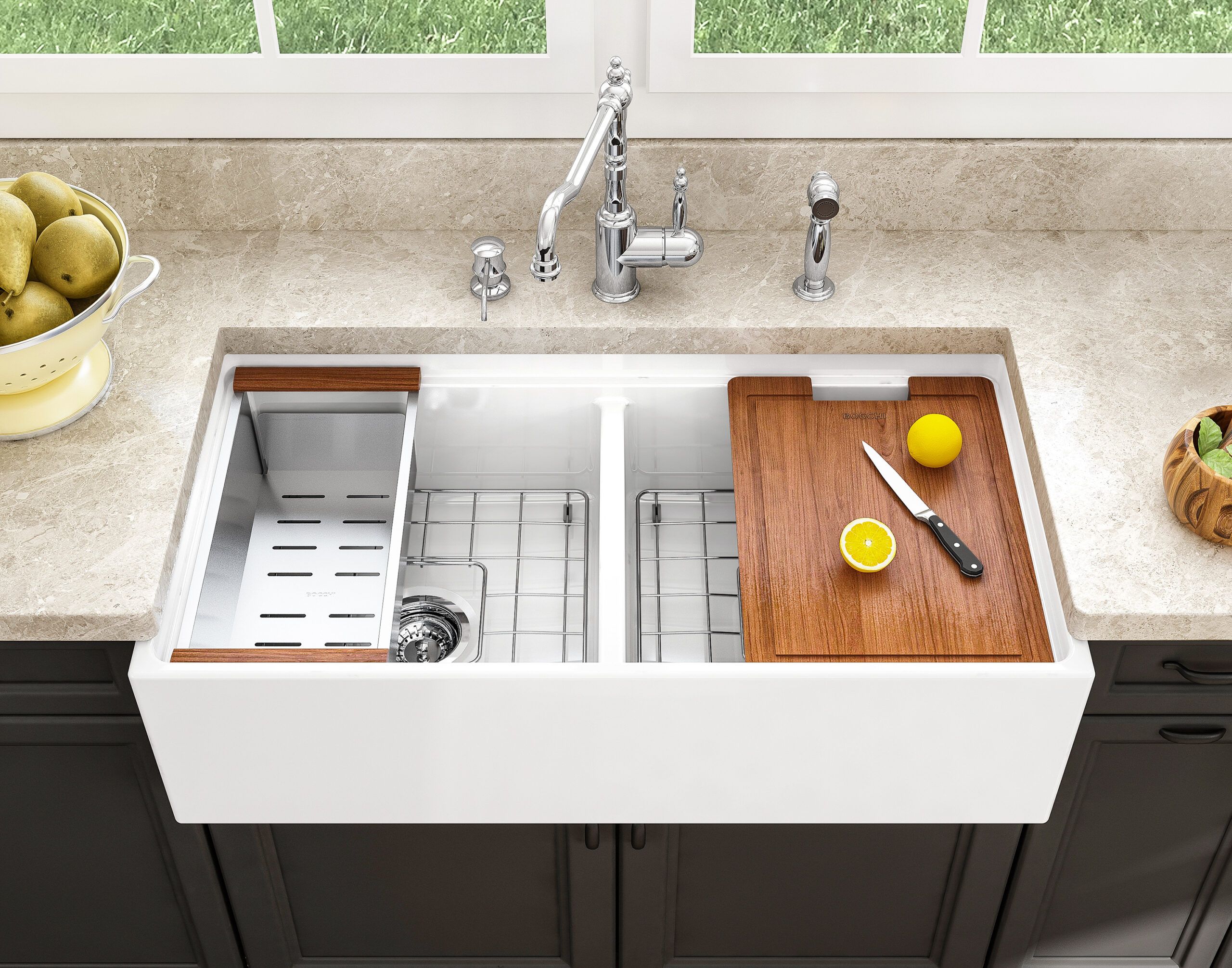 a large pull forward farmhouse sink