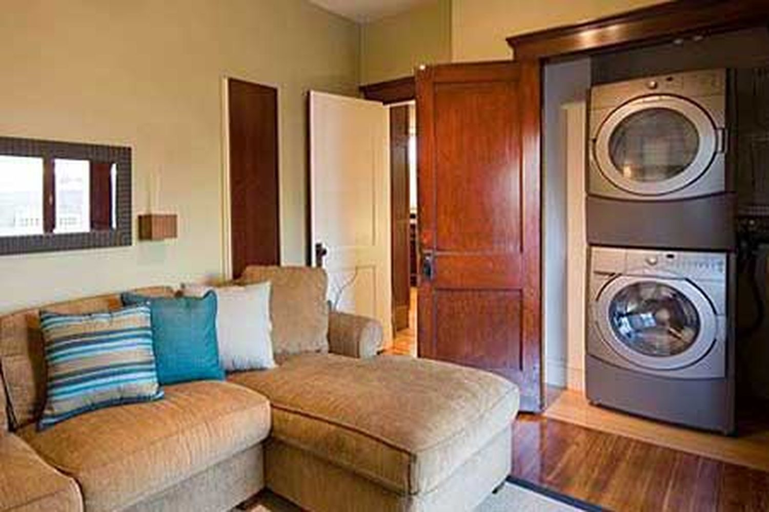 A laundry room where a laundry chute can be added.