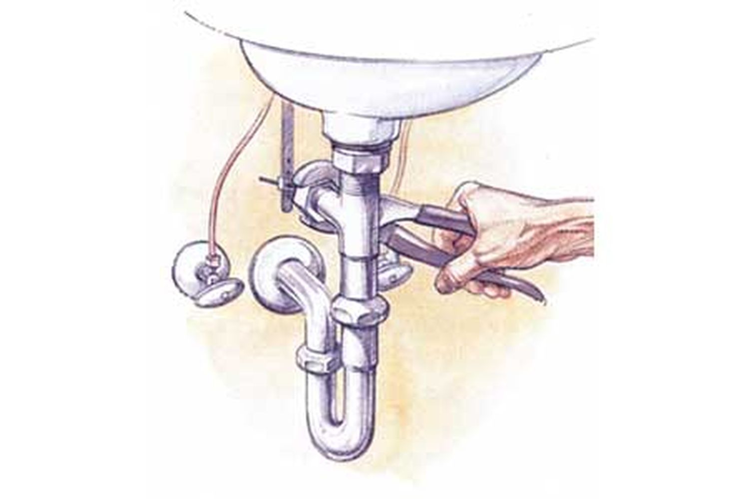 An illustration of someone repairing a leaky drain.