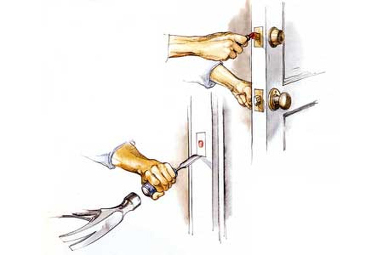 Illustration of a person using the lipstick trick for aligning door hardware.