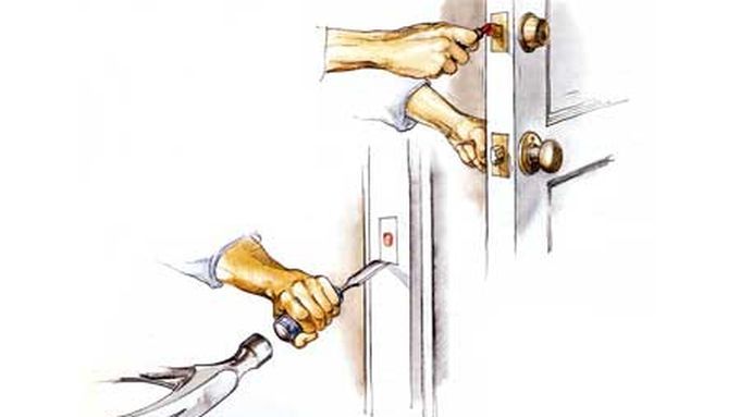 Illustration of a person using the lipstick trick for aligning door hardware.