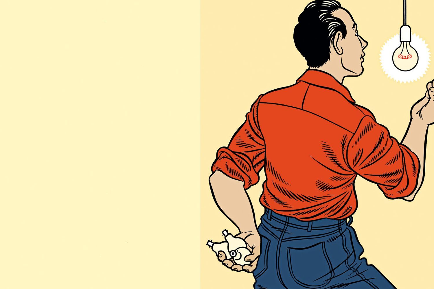 Illustration of a man switching to a greener lightbulb.