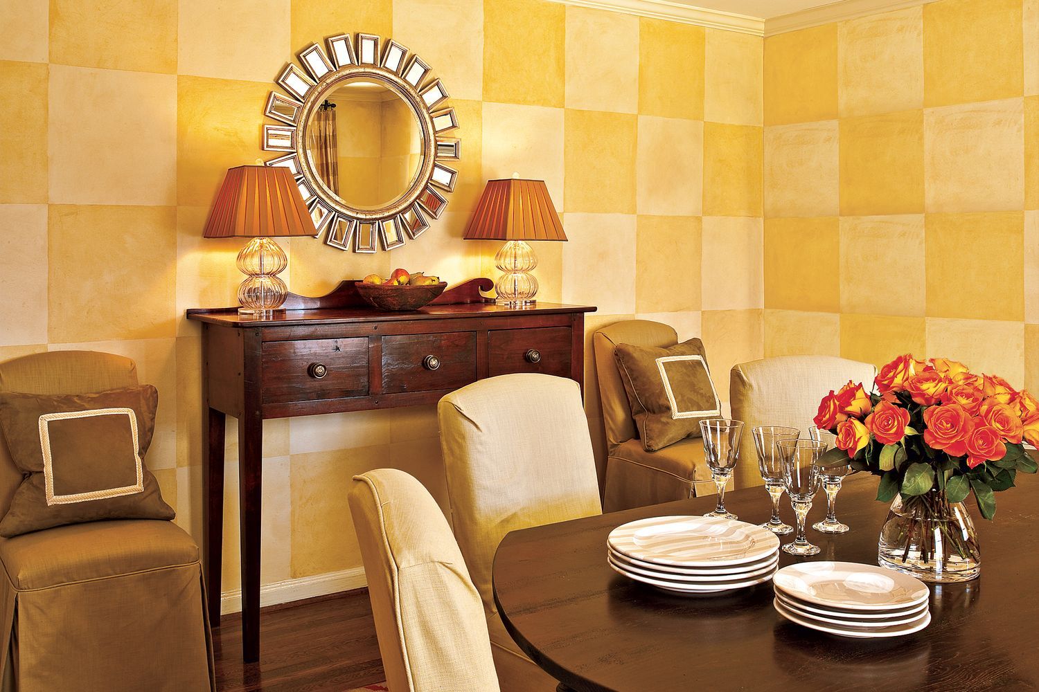 A wall with a yellow and white checkerboard pattern painted onto it.