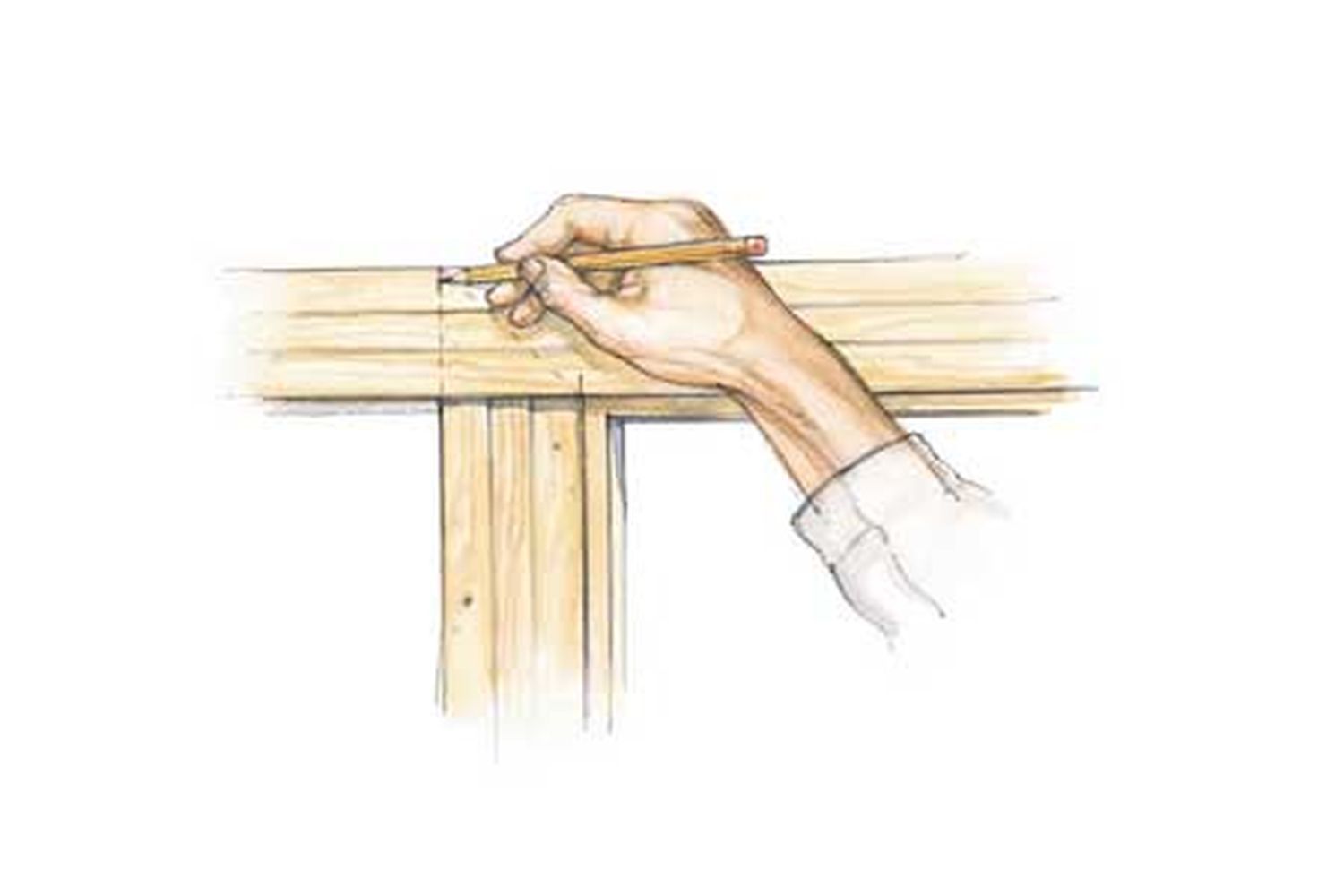 A drawing of a person making a pencil marking against a piece of wood.