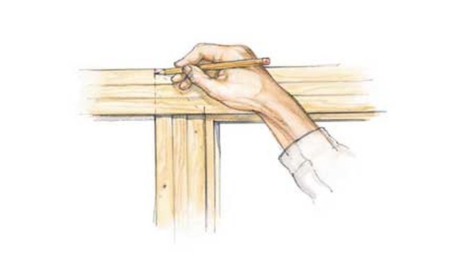 A drawing of a person making a pencil marking against a piece of wood.