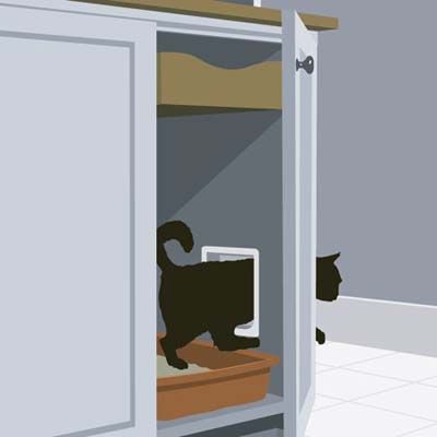 A litter box hideaway in a mudroom.