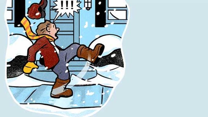 Cartoon image of a person walking on ice and slipping