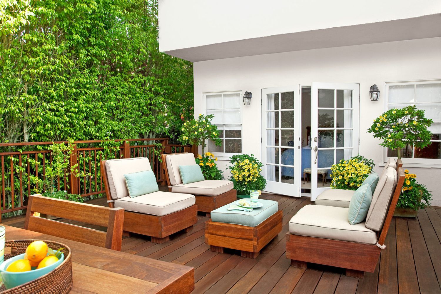 French doors opening out to a wood deck.