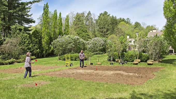 A dirt area is marked off for planting an orchard and trees sit nearby waiting to be planted.