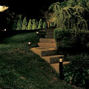 Lighting around the landscaping of a yard.